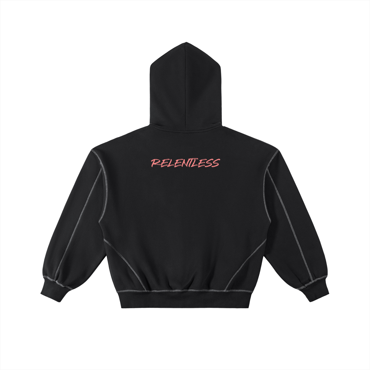 Black tech fleece hoodie nike with relentless text on back, fleece material, back view