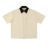 Beige cotton t shirt with graphics black collar front view
