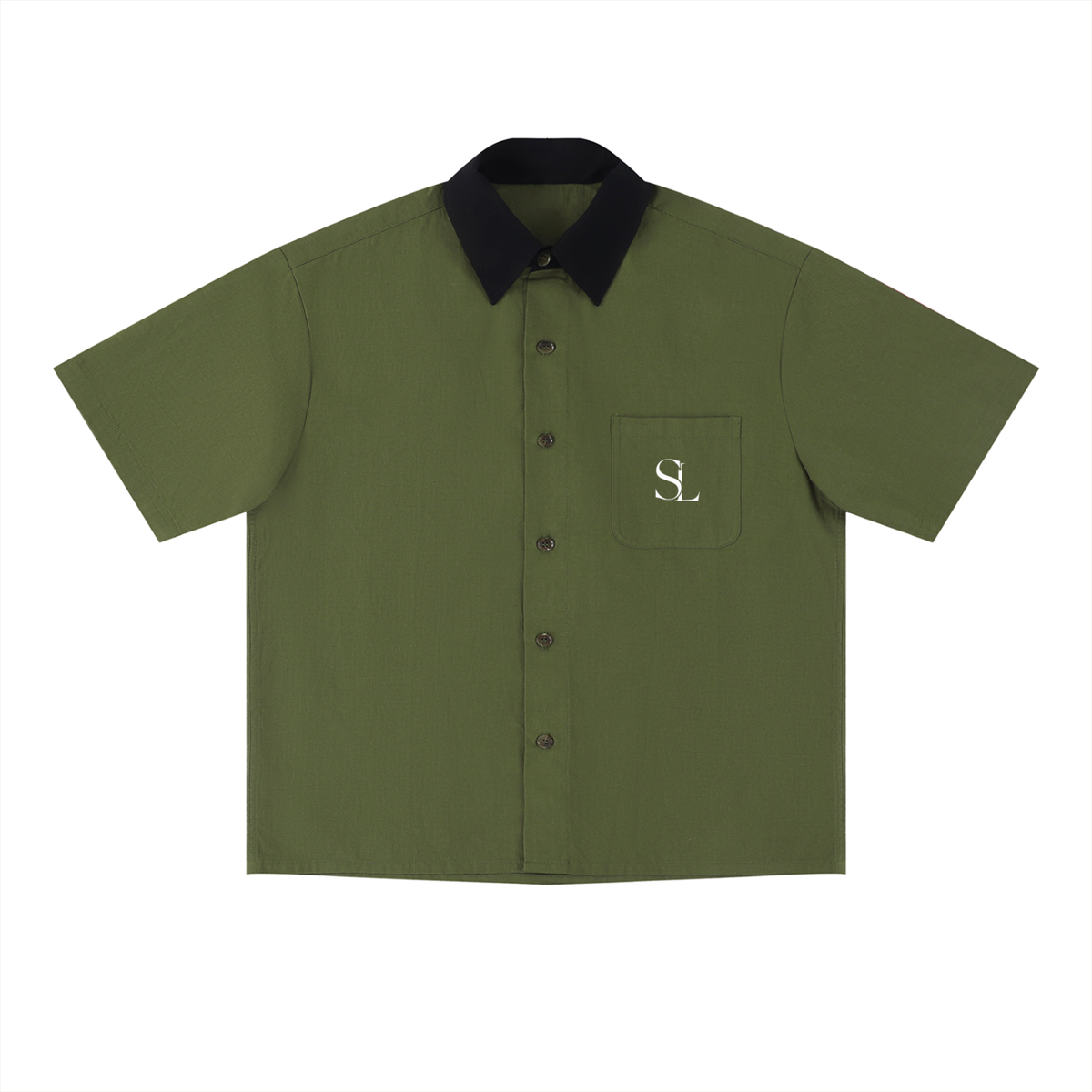 ODMPOD t shirt with graphics, olive green cotton with black collar, front view